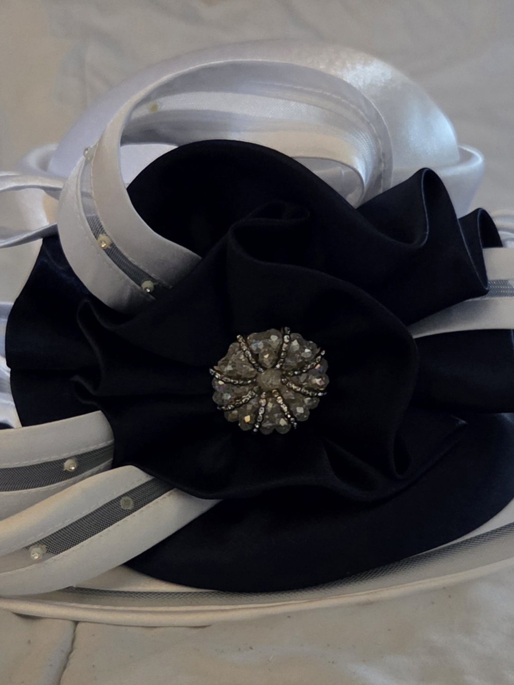 Elegant Navy Blue Satin Flower Headband with Crystal Accent